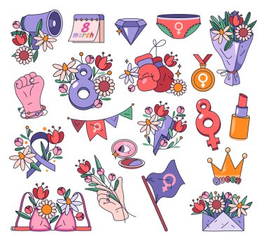 Bir grup kadın günü ikonu. Uluslararası kadınlık günü için kadın tırnak koleksiyonu. Çiçekler ve kadın tacı, elmas ve ruj, takvim ve sütyen, madalya ve ruj. 8 Mart tatili.