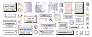 Retro dijital masaüstü simgeleri ve çerçeveleri kümesi. Vektör pc veya bilgisayar ileti pencereleri ve kullanıcı arayüzü simgeleri. Klasik başvuru bildirimi. Düğmeli sistem penceresi. Teknoloji elementi tasarımı.