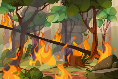 Orman yangını ya da odun yanması, ağaçların yanması. Vahşi ateş tehlikesi ve ateşleme tehlikesi için vektör sembolü. Yangın felaketi ve vahşi doğa krizi uyarısı. Ormancılık ve doğa, çevre ve ekoloji.