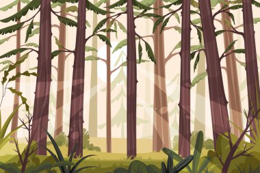 Ahşap ya da orman manzarası. Vector doğa manzara manzarası. Yeşillik ve ağaçlarla dolu bir arka plan. Biyolojik çeşitliliği olan orman manzarası. Hayvanat bahçesi ve doğa arka planı. Manzaralı. Biyoloji ve ekoloji