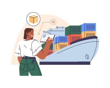 Konteynır ve kadın taşıyan gemi paket takibi için mobil uygulama kullanıyor. Nakliye, lojistik ve deniz taşımacılığı için vektör çizimi. Nakliye ağı ve küresel ticaret. Deniz kargosu.
