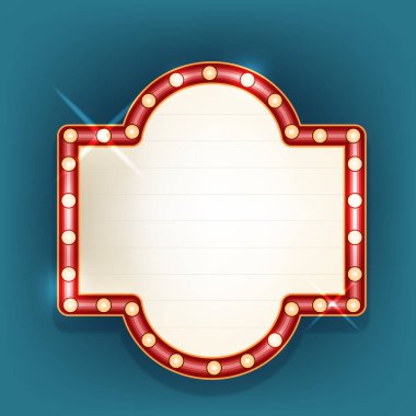 Bar retro tabelası ya da kulüp vintage tabelası. Vektör sahne dekorasyonu. Reklam metni için boş ya da boş sınır. Duvar için aydınlatılmış gösteri panosu. Sinema ya da film, kumarhane çerçevesi. Broadway tanıtımı.