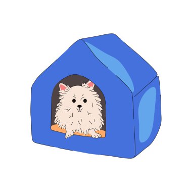 Köpek kulübesi vektör illüstrasyonunda köpek evcil hayvanı. Köpek istirahatı ya da köpek barınağındaki koruma bölgesi. Bahçedeki ahşap barınakta bir köpek. Korunmak ya da evcil hayvan için dost canlısı bir arkadaş. Havlayan köpek yavrusu. Zooloji