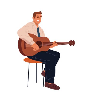 Adam akustik gitar çalıyor. Vector gitarist sahnede canlı bir şarkı söylüyor. Kişi alıştırması ya da kayıt aleti. Solo müzik konseri ya da müzikal şov. Performans izole işareti. Ses kontrolü.