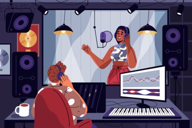 Vektör kayıt stüdyosunda ses kaydı ve ses kaydı. Şarkıcı için ses geçirmez kabin. Sanatçılar için müzik üretim alanı. Kulaklıklı vokalist ve mikserde mühendis. Yaratıcı meslek.