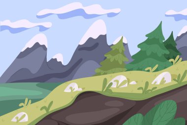 Dağ zirvesi ve köknar ağacı olan doğa arkaplanı. Vector alp manzarası ya da karikatür doğa ormanı ve sisli gökyüzü. Vadi yabanı ve açıkhava yaylaları panoramik manzara.