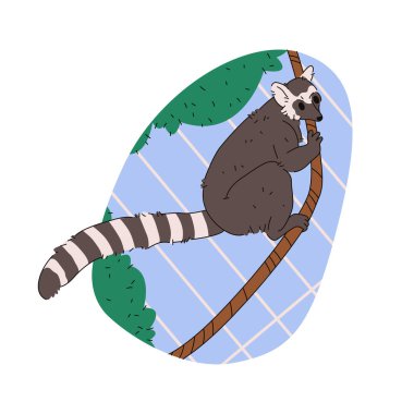 Vektör lemur ya da uzun çizgili kuyruk illüstrasyonlu ağaç primatı. Madagaskar tropikal orman hayvanı amblemi. Hayvanat bahçesindeki ya da odundaki ağaç dalındaki memeliler. Gece türleri işareti. Zooloji, biyoloji sembolü.
