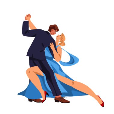 Tango dansı vektör illüstrasyonu. Tutkulu ve dramatik, Latin ya da Arjantin dansı. Çift yoğun hareketler ve senkronize ayak hareketleri yapar. Koreografi ve müzik ritmi. Sahne ortağı performansı.