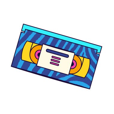 90 'ların video kaset simgesi veya VHS clipart vektörü. Retro bant sembolü ya da video kaset işareti. Ev eğlencesi ve analog video kayıt amblemi. Nostaljik film ya da klasik film deposu. Blockbuster Kiralama.