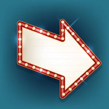 Işıklı Retro ok işareti. Klasik arka plan için vektör tahtası. Ampullü bar ya da kulüp neon yön sembolü. Sinema ya da tiyatro için tabela asmak. Kumarhane için aydınlatma işareti. Terfiyi göster.