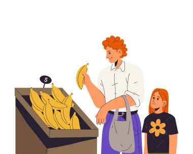 Vektör müşterileri ya da ailesi tezgahtan meyve alıyor. Kadın muz ya da taze organik yiyecek alır. Dükkan ya da mağaza satışı, süpermarket ya da perakende satış. Market alışverişi. Vejetaryen alıcı. Sağlıklı beslenme.