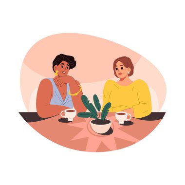 Kadınlar kafe toplantısında kahve içerler. İş yerindeki vekil kadın çay sohbetinin keyfini çıkarın. Bayan arkadaşlığı ve kız kafeteryası eğlencesi. İçecekle buluş. Kadın gevşemesi, havadan sudan konuşma. Sosyal ofis molası.