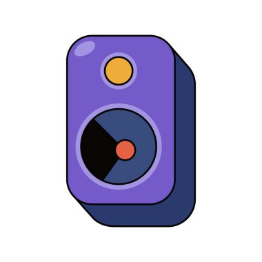 Ses hoparlörünün düz vektör simgesi. Pop art retro hoparlör. Düz çizgi film sesi, stereo sistem için elektrikli müzik cihazı. Parti ve eğlence için yükseltici ve bas aksesuar. Müzik çokluortam.