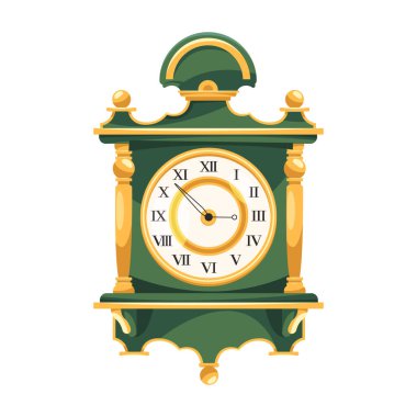 Retro ya da klasik duvar saati ya da Roma rakamıyla izlemek. Analog saat yüzlü veya çevirmeli vektör yuvarlak mekanik saat. Geleneksel klasik iç dekorasyon. Ahşap asma evi, ev dekorasyonu..