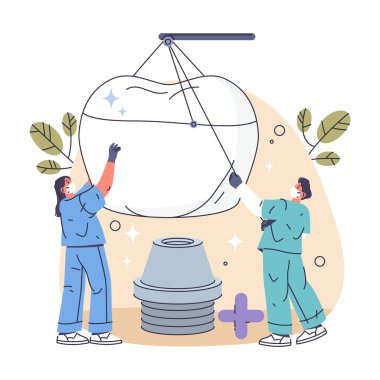 Vektör karikatür dişçileri diş implantı prosedürü uygularlar. İnsan karakteri metal kökler kullanarak diş yenileme yapar. Ağız ya da ağız cerrahisi sembolü. Diş hekimliği kliniği. Diş sigortası, diş tedavisi. Diş onarımı