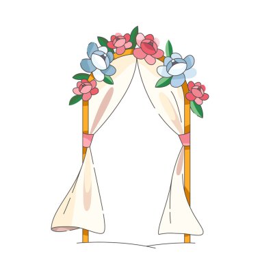 Romantik bir tören için çiçeklerle süslenmiş düğün sunağı. Çiçeklerle süslenmiş vektör kemeri. Sevgi ve birliğin sembolü. Gelin ve damat arka planı. Evlilik kutlaması ya da tatil öğesi. Aşk..