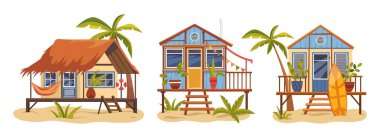 Yazlık ev ya da sörfçü kulübesi seti. Tatil için sörf tahtası ya da yazlık köşkü olan vektör bungalovu. Sörfçü barınağı. Kıyı mimarisi açık havada. Deniz tatili ve okyanus rahatlığı.