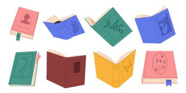 İzole edilmiş vektör kitapları açtı. Zor kapak edebiyatı. Kurgu ve eğitici olmayan bilgi öğesi ve eğitim materyalleri için yer imi. Yazı ve kağıt imzası. Bilgi ve okuma, öğretim..