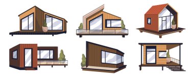 Modüler bina ya da mobil ev seti. Vektör akıllı yapı ve prefabrik ev. Konaklama modülü ya da ekolojik yaşam dairesi. Mimari dış görünüş. Konut verimliliği.
