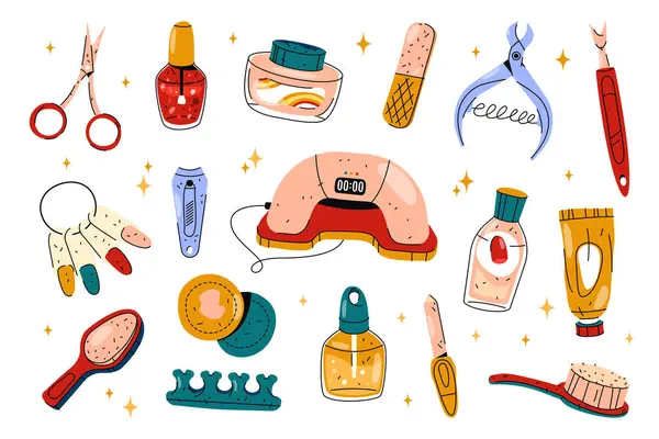 Manikür aletleri seti. Tırnak bakımı aksesuar ikonu koleksiyonu. El ve parmak tedavisi. Manikür yağı ve budama makinesi, makas, fırça, jöle cilası lambası, tel ve çıkarıcı, ayak parmağı ayırıcı. Pedikür.