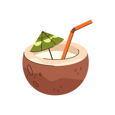 Hindistan cevizi ya da saman ve şemsiyeli kokteyl. Meyve suyu ile ikiye bölünmüş tropikal meyve için vektör ikonu. Yaz tatili ve sahil barı için içecek. Ada için egzotik kokteyl. Boş zaman, rahatlama.