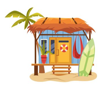 Deniz ya da okyanus sahil evi. Deniz kıyısındaki vektör bungalovu. Sörf tahtası olan bir sahil kulübesi. Palmiyeli deniz kenarı tatil kulübesi. Sahilde dış yazlık mimarisi. Tatil ve tatil yazlığı