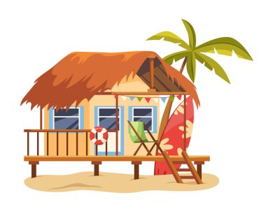 Vector yazlık sörfçü evi ya da deniz kıyısındaki bungalov. Sörfçü tatili için ahşap ada kulübesi. Okyanus ya da deniz yaşamı için çizgi film sembolü. Açık deniz mimarisi. Sörf kulübesi. Kıyı kulübesi elementi.