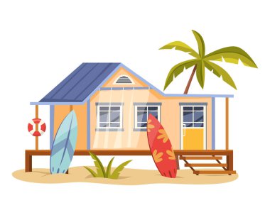 Sörfçü köşkü ya da yazlık ev. Vektör sahil evi. Çizgi film sahili ya da kıyı mimarisi dış ya da dış görünüş. Deniz kulübesi ya da sörf tahtası olan bir kulübe. Yazlık ev. Tropik ada tatili.