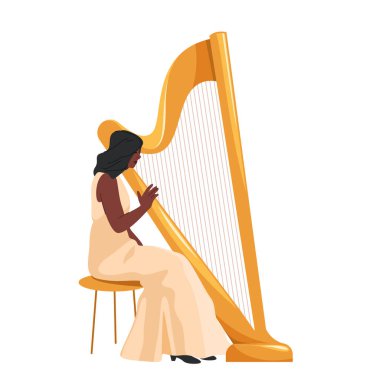 Vektör arpçı kadın. Arp çalan yetenekli bir müzisyen klasik tarzda melodi ve ses yaratıyor. Orkestra sahnesinde müzik performansı. Solo sicim ve akustik enstrüman. Kültür ve sanatçı etkinliği.