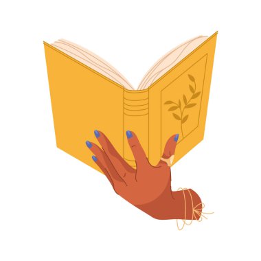 Kadın el ele tutuşma kitabı ya da edebiyat. Eğitici metin ya da bilgi içeriğine sahip vektör okuyucu avuç içi. Üniversite ya da üniversite için kurgu olmayan bir unsur. Öğretmenlik ve eğitim sayfası