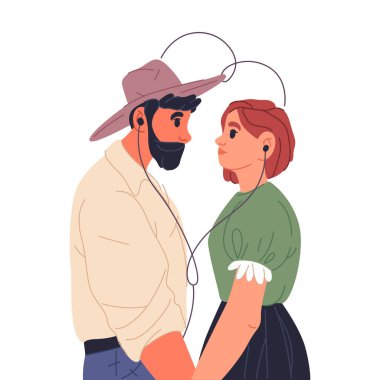 Kulaklıkla el ele tutuşan çiftler kalp yapar. Vektör kulaklıklar aşk sembolü. Erkek ve kadın müzik dinler ya da romantik ses, ses. Romantik ilişki ve sevgililer günü tabelası. Sevgi.