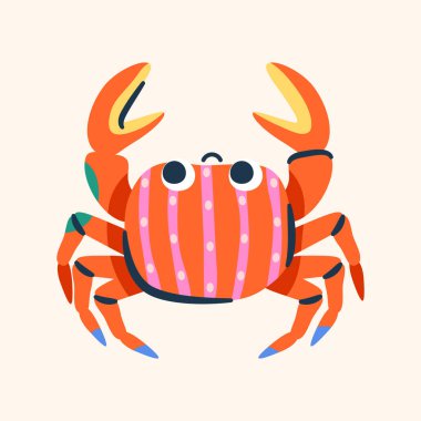 Renkli yengeç ikonu. Vektör kabuklu ya da plaj hayvanı. Canlı ve renkli sualtı yaşam elementi. Okyanusun bir parçası, deniz ekosistemi. Tropik su yenilebilir kabuk içinde yaşam alanı. Doğa ve vahşi yaşam, biyoloji.