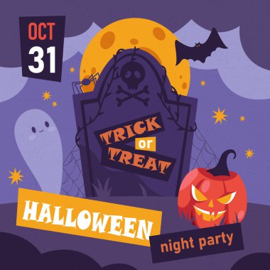 Cadılar Bayramı davetiyesi ya da sonbahar tatili afişi. Balkabağı, balkabağı, balkabağı, mezar taşı ve ay içeren mevsimlik kutlama kartı. Ekim festivali için gece partisi. Şaka mı şeker mi?.