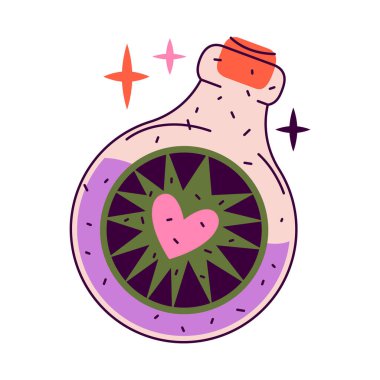 Aşk iksiri ya da tutku iksiri. Vektör sihirli şişe ya da tılsım şişesi. Büyülü karışım ya da arzu büyücülük, cazibe içkisi ya da romantik sıvı. Sihirli oyun unsuru. Tonik ya da karışım, iç.