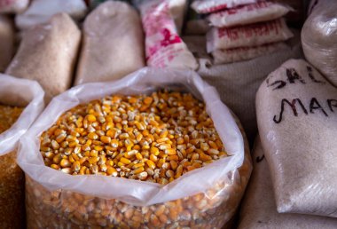 Cusco Peru 'da bir markette taze kuru mısır.