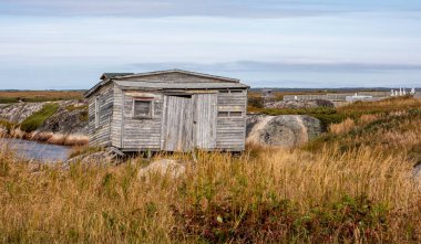 Newfoundland kıyısındaki ahşap binayı terk edin.