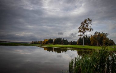 Golf yeşili önünde bir gölet