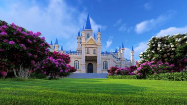 Kraliyet kalesi, çiçekli ve yeşil çimenli iyi korunmuş bir bahçe. Tarih ve mimari teması, peri masalları ve fantezi üzerine illüstrasyon.