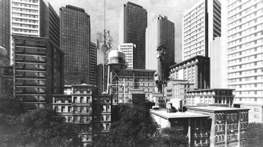 Modern bir şehrin siyah beyaz grafik çizimi