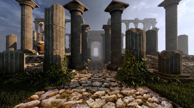 Antik Roma tapınağının yıkıntıları ve yolları.