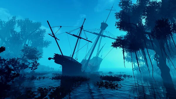 Tropikal bir adada eski bir yelkenli gemi.