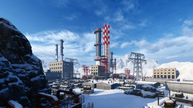Dağlık bir bölgede bulunan endüstriyel gaz işleme tesisi. Sanayi ve teknoloji, fabrikalar ve altyapı teması.