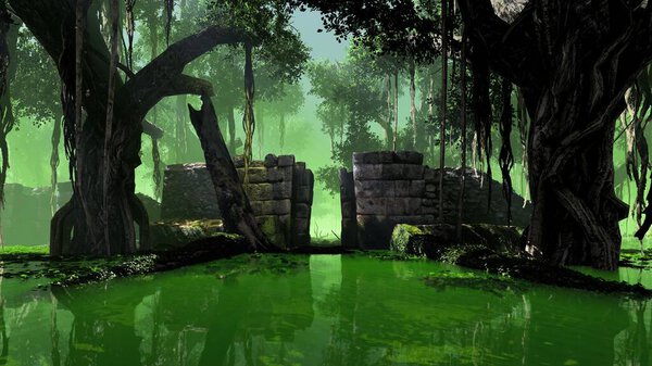 An ancient city of a disappeared ancient civilization in the tropical jungle