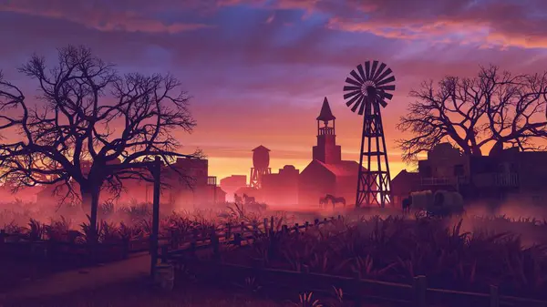 Altes Dorf Aus Der Zeit Des Wilden Westens Bei Sonnenuntergang lizenzfreie Stockfotos