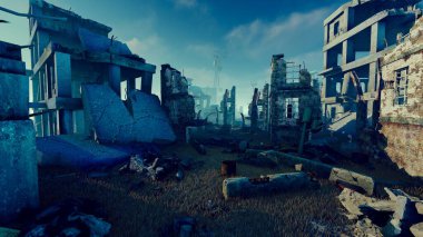 Yıkılmış bir şehrin panelleri ve tuğlaları.