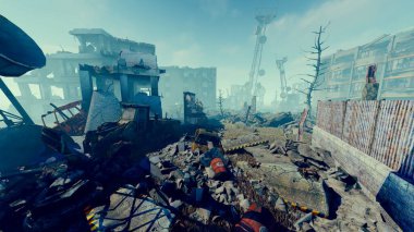 Çeşitli evler, nesneler ve çitlerle yıkılan şehir altyapısı.