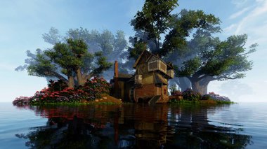 Tahta tekerlekli eski su değirmeni. Tarih ve doğa, mimari ve seyahat teması üzerine resim.