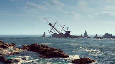 Taş resifi ve eski bir gemi. Çarpışmalar ve trajediler, seyahat ve tarih teması.