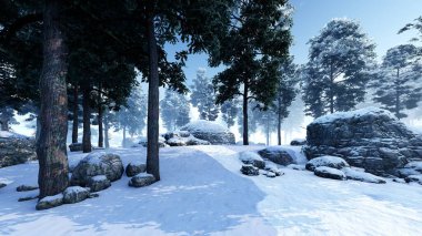 Kışın çam ormanı manzarası. Doğa ve iklim, mevsim ve ekoloji teması üzerine illüstrasyon.