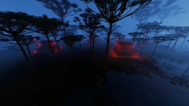 在黑暗的森林里 有红色灯笼的木制房屋 关于旅行和冒险主题的动画 — 图库视频影像